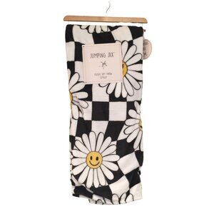 Jumping Jax Smiley Face Daisy Black White Checkerboard Plush Throw 50" x 60"